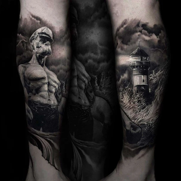 Realism Lighthouse, Figure tattoo on Calf