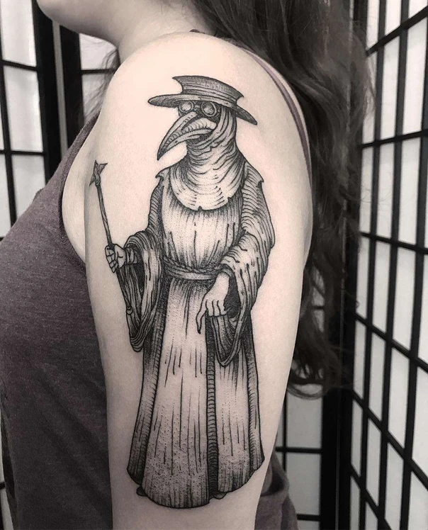 Blackwork Plague doctor tattoo on Upper Arm