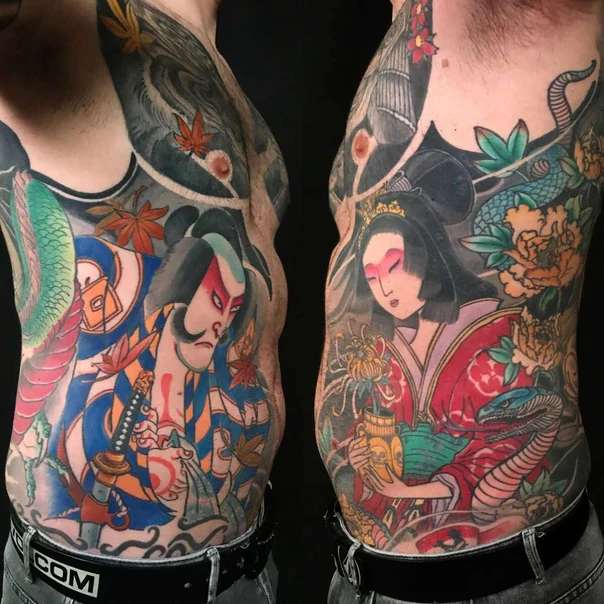 Japanese Geisha, Samurai tattoo on Side