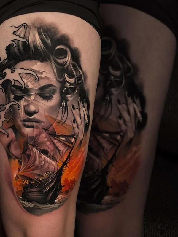 female color realism tatouage sur thigh #21283 | Artiste tatoueur Christos Zorbas