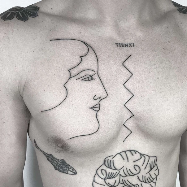 Linework Face, Geometric tattoo on Chest