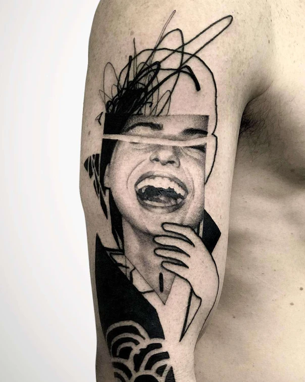 Blackwork Portrait, Abstract tattoo on Upper Arm