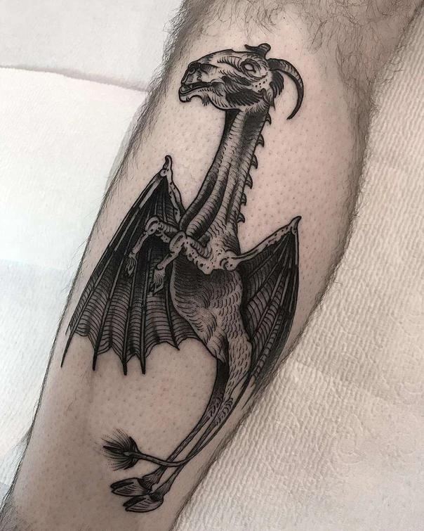 Blackwork Dragon, Fantasy tattoo on Calf