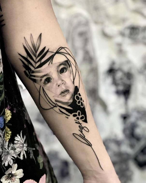 Black & Grey Portrait, Leaf tattoo on Forearm