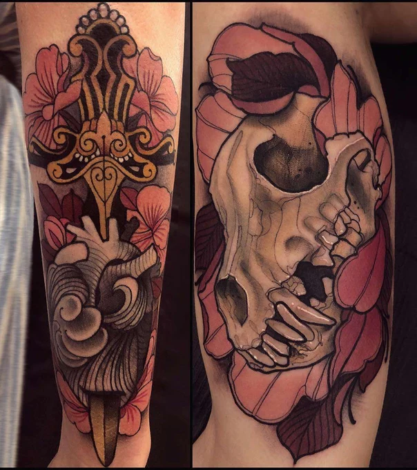 Neo Traditional Skull, Flowers tattoo on Forearm