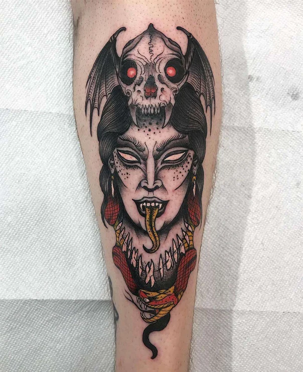 Neo Traditional Skull, Woman tattoo on Calf