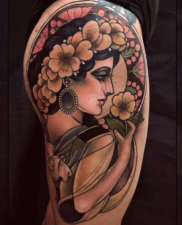 Neo Traditional Woman, Flowers tattoo on Thigh