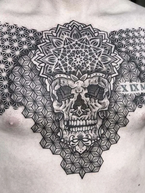 male black and grey geometric Tatuagem em chest #21874 | Tatuador Caco Menegaz