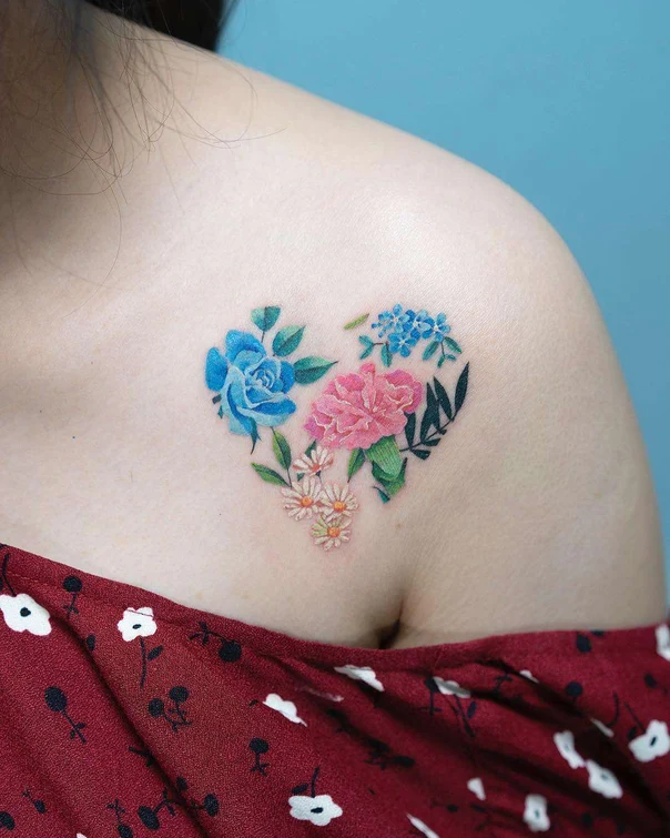 Botanic Flowers, Heart tattoo on Collarbone