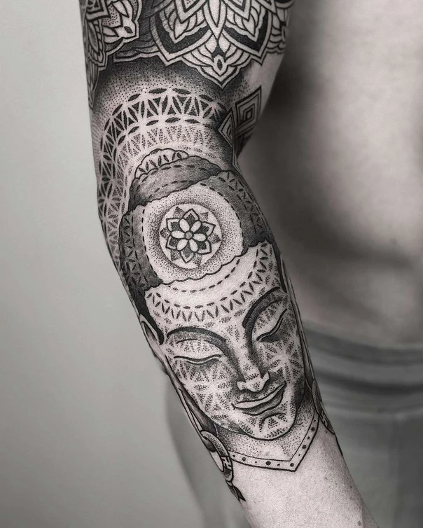 Blackwork Buddha, Mandala tattoo on Forearm