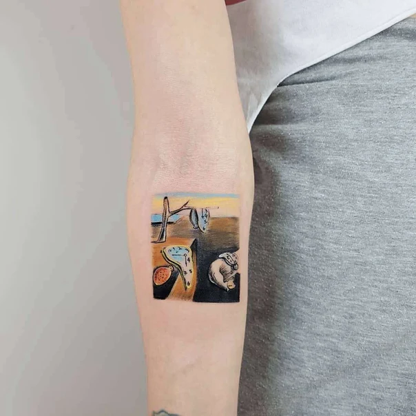 Surrealism Melting clocks, Landscape tattoo on Forearm