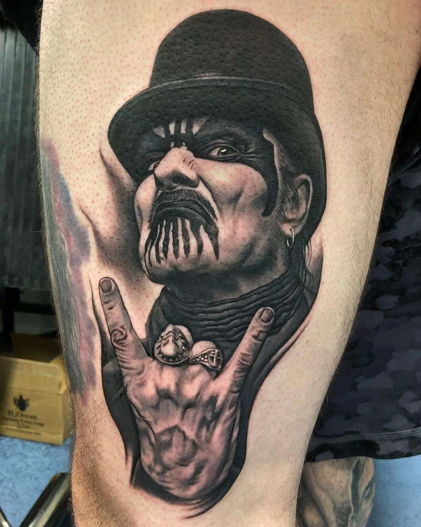 Black & Grey Portrait, Hand tattoo on Thigh