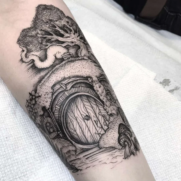 Blackwork Hobbit hole, Tree tattoo on Forearm