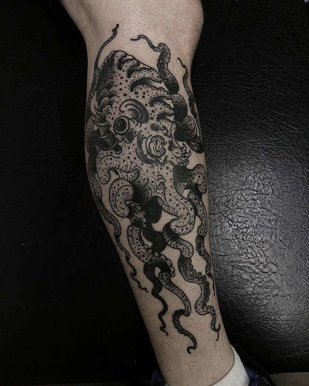 Blackwork Octopus tattoo on Calf
