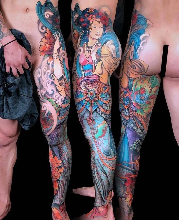 Japanese Geisha, Flowers tattoo on Full leg