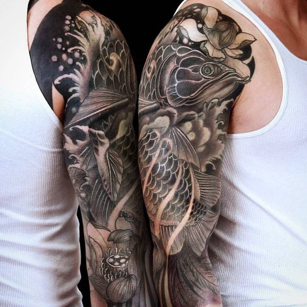 Japanese Koi fish, Waves tattoo on Full Sleeve