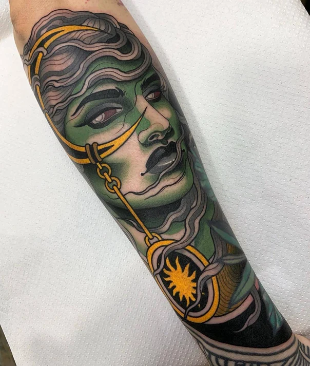 Neo Traditional Portrait, Sun tattoo on Forearm