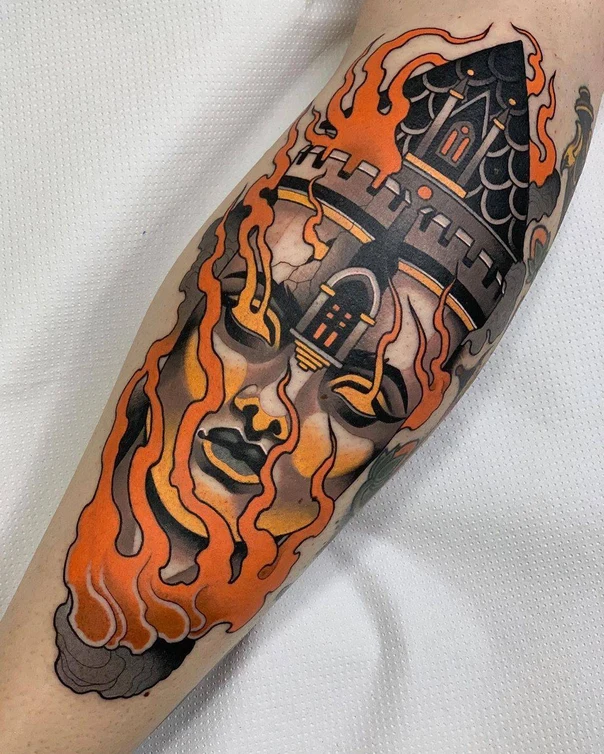 Illustrative Face, Castle tattoo on Forearm