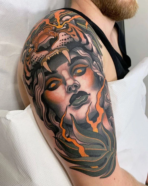 Neo Traditional Face, Tiger tattoo on Upper Arm