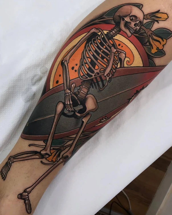 Traditional Skeleton, Surfboard tattoo on Forearm