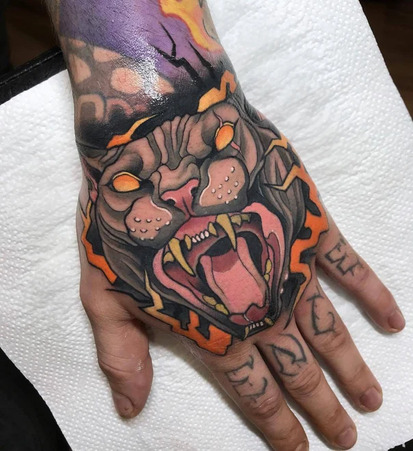 Neo Traditional Animal, Lion tattoo on Back of Hand