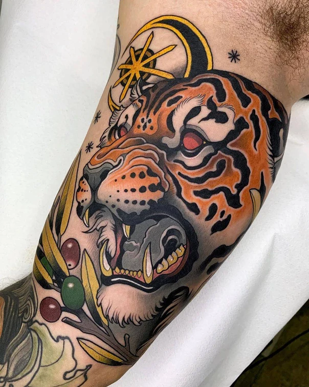 Neo Traditional Tiger, Olive branch tattoo on Forearm