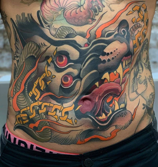 Japanese Wolf, Dragon tattoo on Stomach