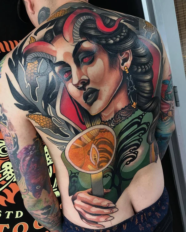 Realism Woman, Candle tattoo on Full Back