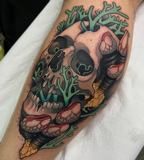 Illustrative Skull, Mushrooms tattoo on Calf