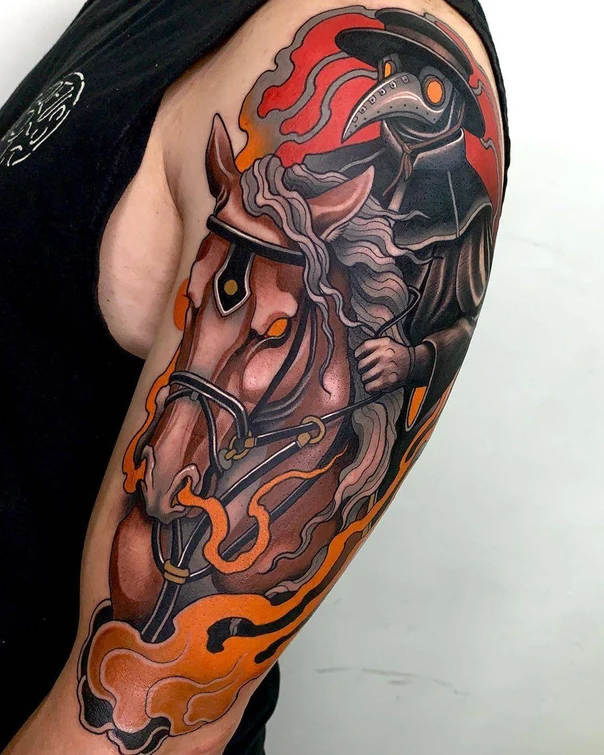 Neo Traditional Horse, Plague doctor tattoo on Full Sleeve