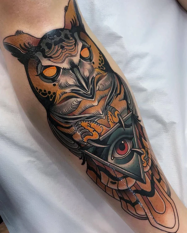 Neo Traditional Owl, Eye tattoo on Forearm