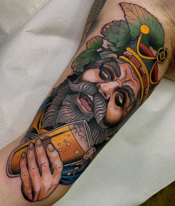 Neo Traditional Beer, King tattoo on Forearm