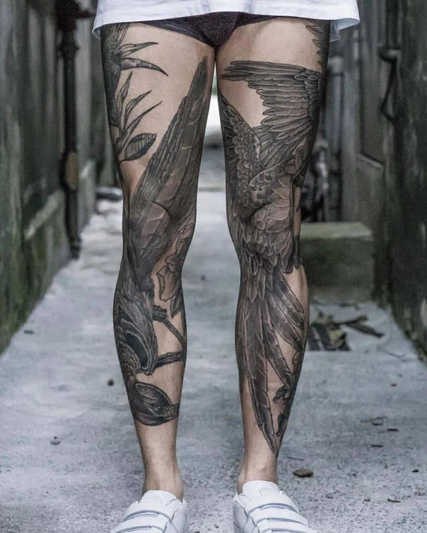 Black & Grey Wings, Birds tattoo on Full leg