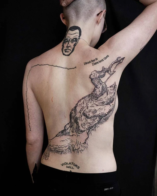 Sketch Portrait, Hand tattoo on Full Back