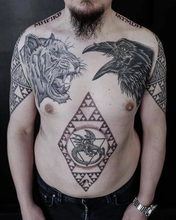 Black & Grey Tiger, Raven tattoo on Chest