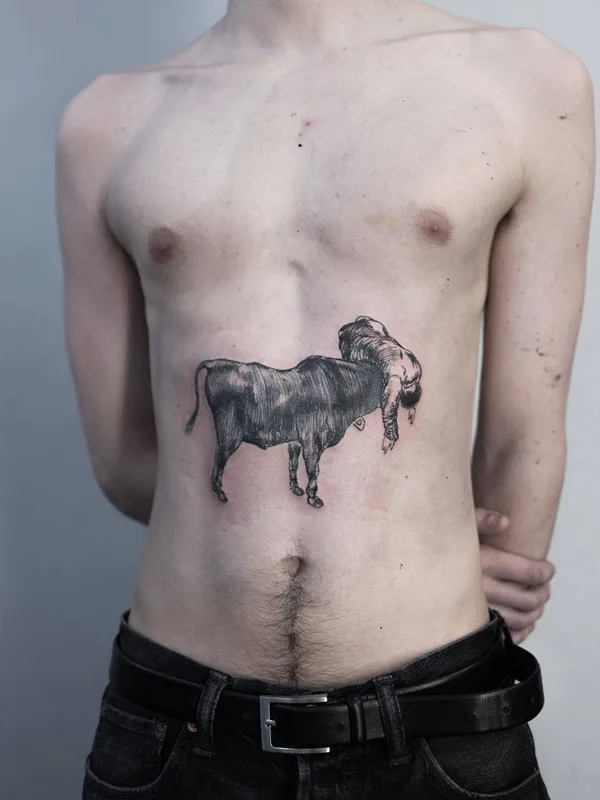 male black and grey sketch tatuaje en stomach #31024 | Tatuador Maxime Plescia-Buchi