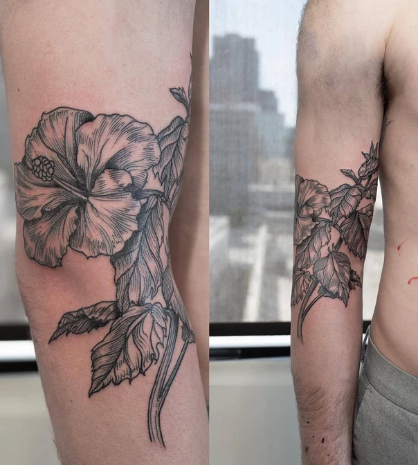 Linework Flower, Leaves tattoo on Forearm