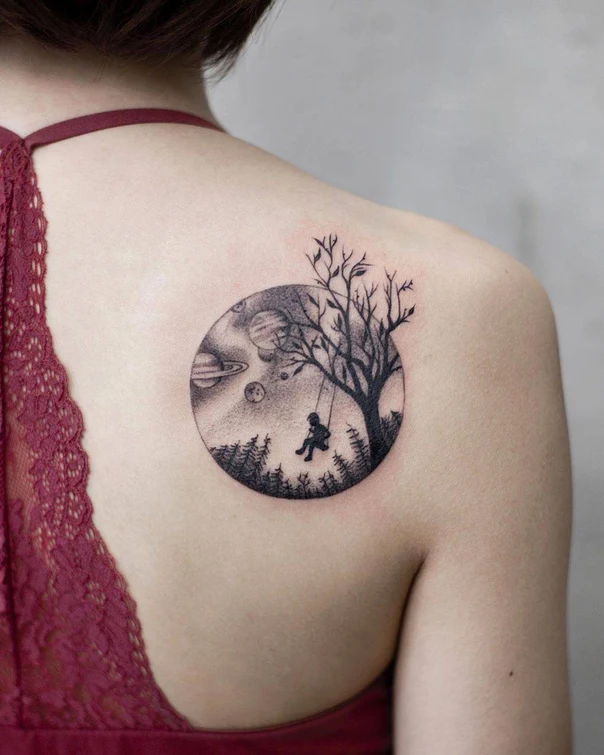 Blackwork Tree, Planets tattoo on Shoulder Blade