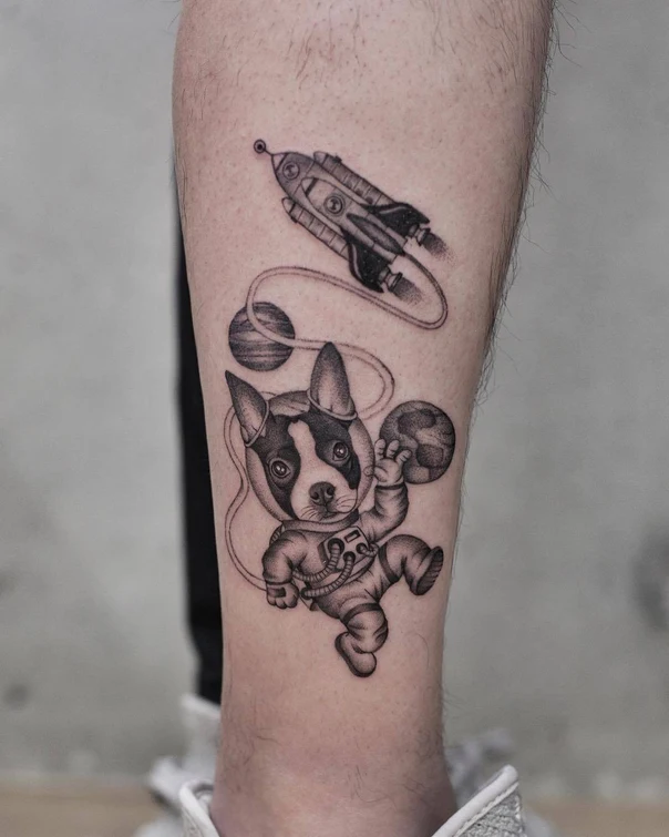 Black & Grey Dog, Space tattoo on Calf