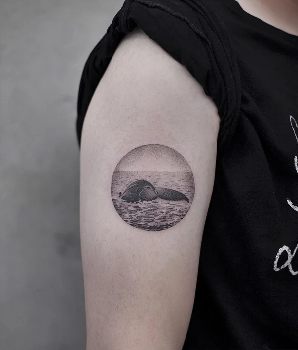 Black & Grey Whale, Ocean tattoo on Bicep