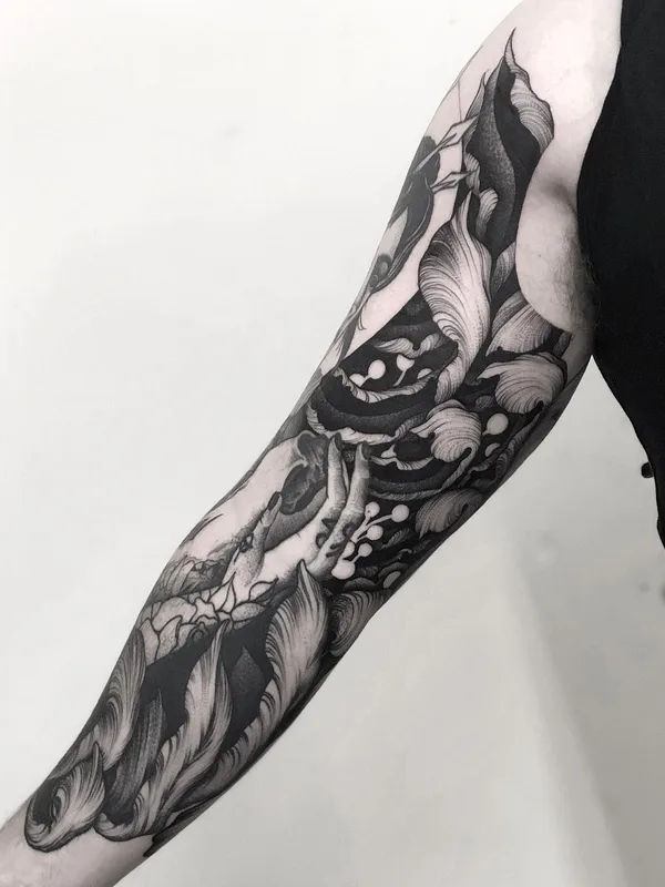 black and grey blackwork татуировка на full sleeve #31150 | Тату мастер Kelly Violet