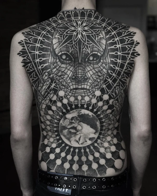 Geometric Face, Mandala tattoo on Full Back