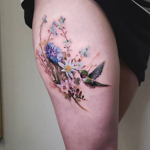 Realism Hummingbird, Flowers tattoo on Thigh
