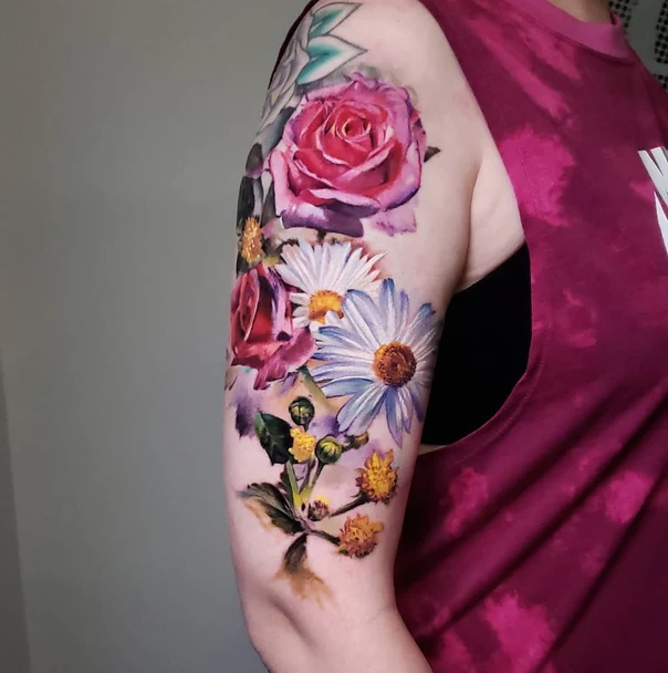 Watercolor Flowers, Roses tattoo on Upper Arm