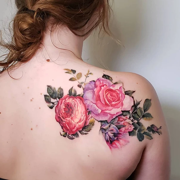 Watercolor Rose, Flowers tattoo on Shoulder Blade
