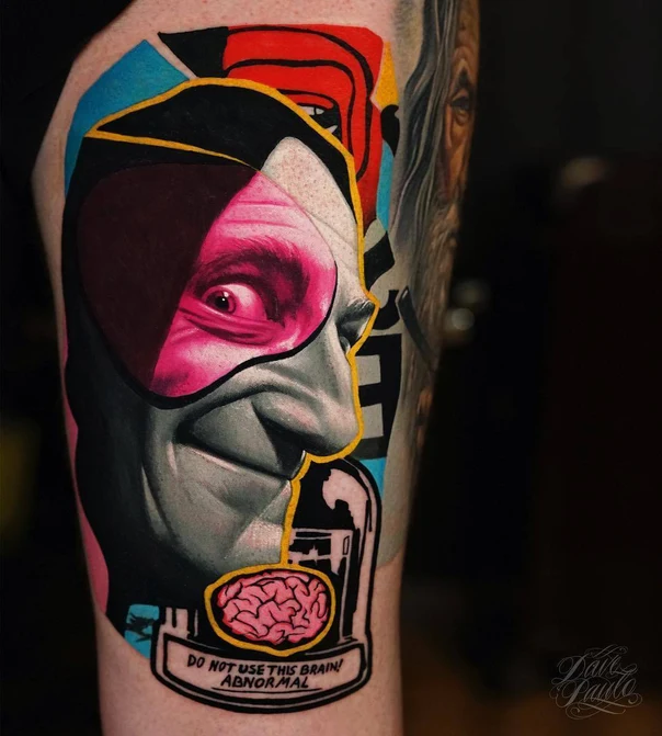 Surrealism Face, Brain tattoo on Thigh