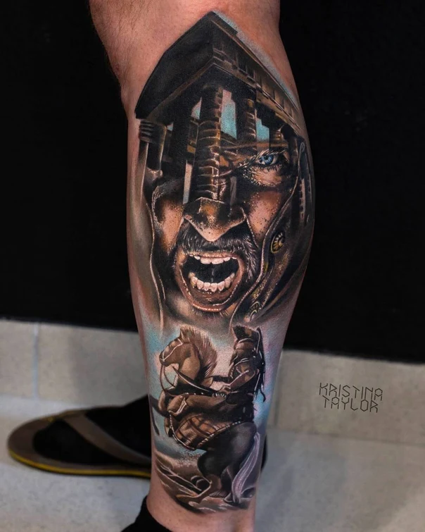 Realism Face, Warrior tattoo on Calf