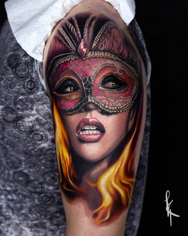 Realism Mask, Face tattoo on Upper Arm