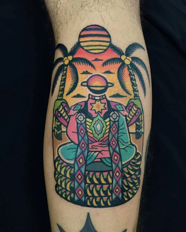 Neo Traditional Palm trees, Planet tattoo on Calf