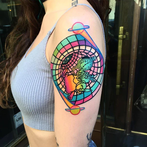 Illustrative Rabbit, Clock tattoo on Upper Arm